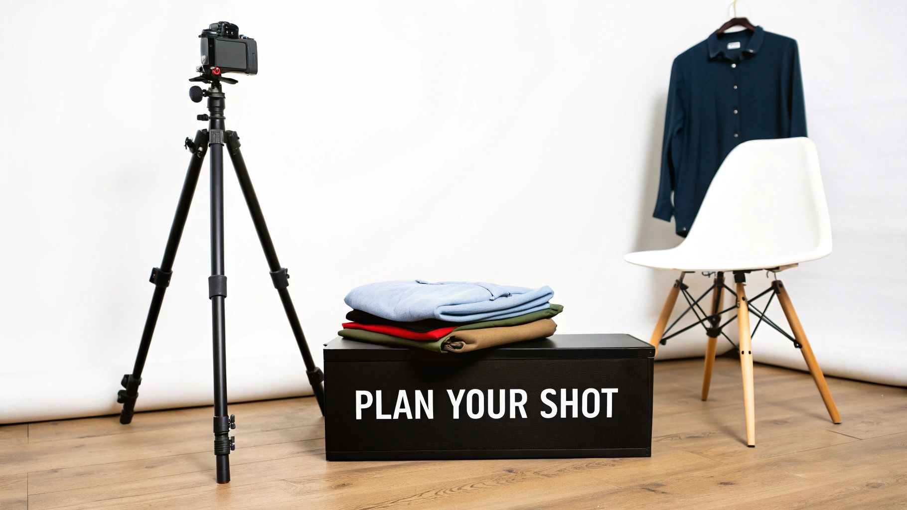 A camera on tripod, folded clothes, and a shirt on a hanger, illustrating a photography setup.