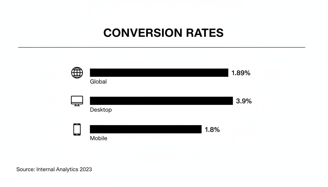 Diagramme à barres montrant les taux de conversion : Global 1,89%, Desktop 3,9%, et Mobile 1,8% selon des analyses internes.