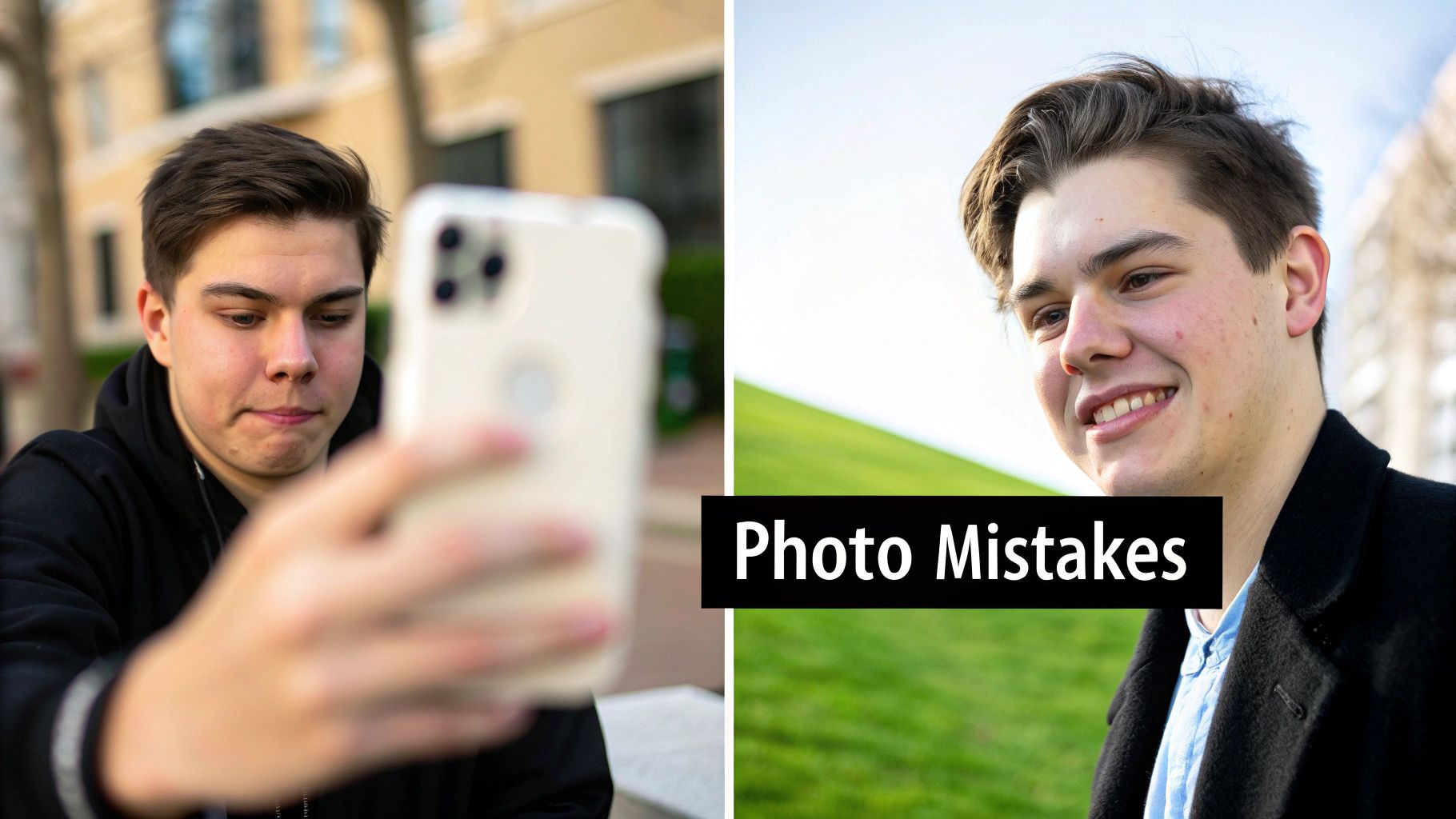 Comparação do selfie desajeitado de um jovem contra um retrato externo favorecedor e sorridente.