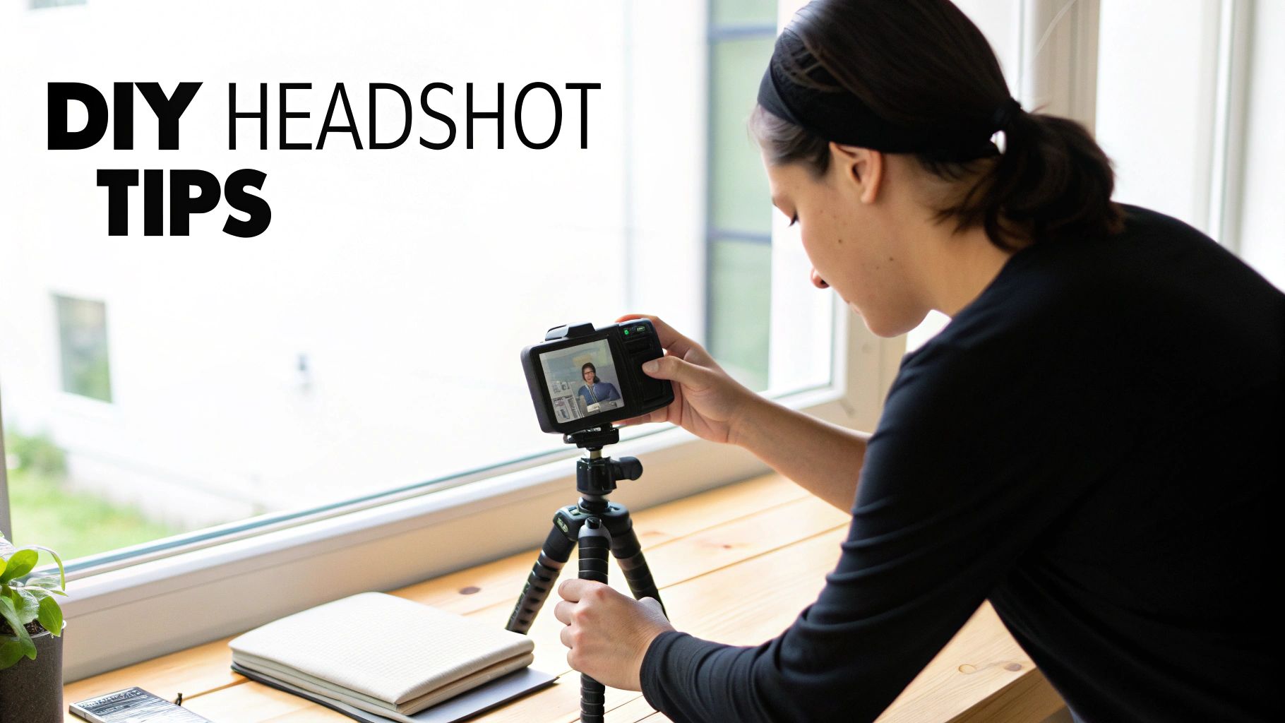 A person setting up a camera on a tripod by a bright window, preparing for DIY headshots.