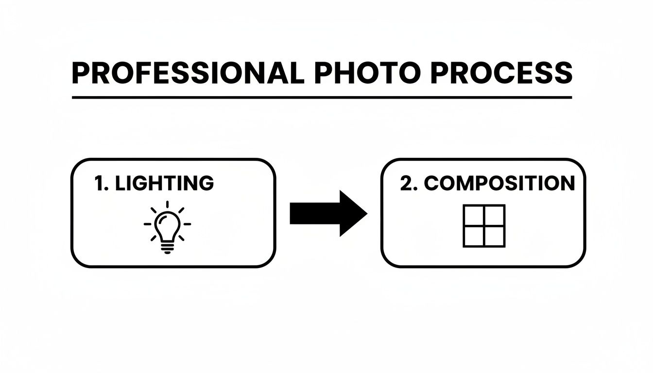 A professional photo process diagram showing two steps: '1. Lighting' with a lightbulb icon, and '2. Composition' with a grid icon, connected by an arrow.