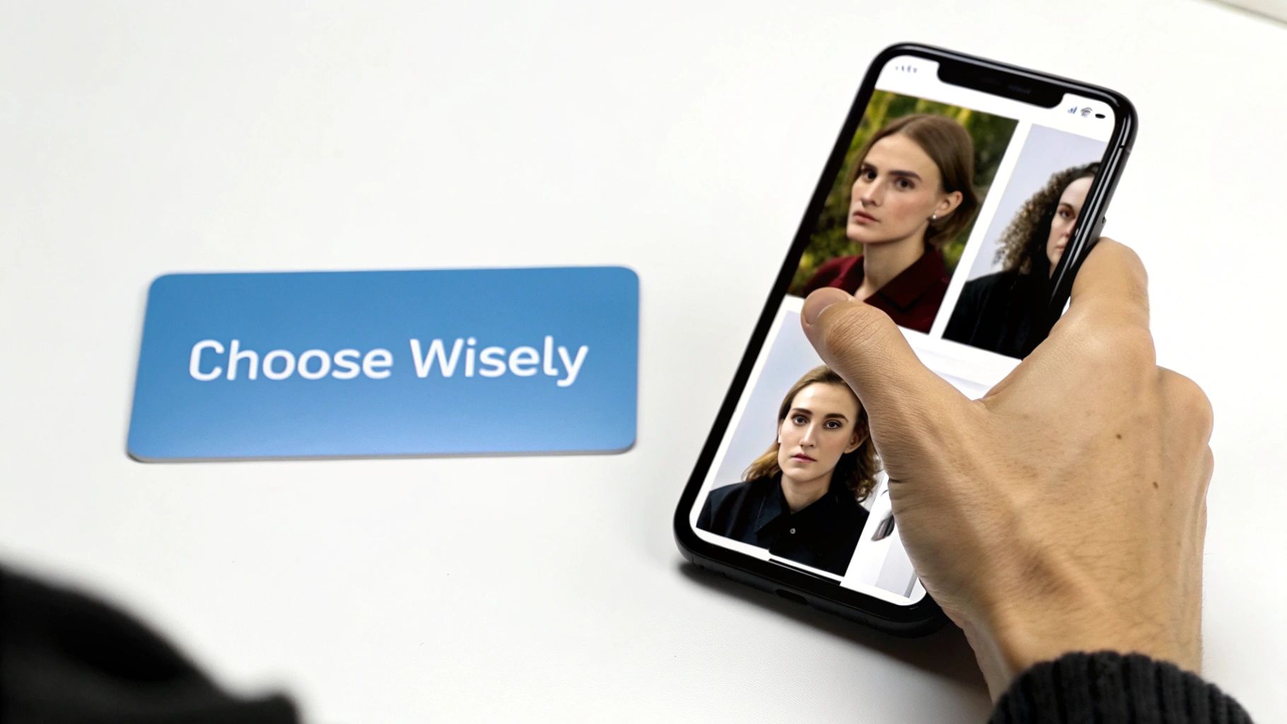 Una mano tiene uno smartphone che mostra headshot generati da AI, accanto a una tessera blu con scritto 'Choose Wisely'.