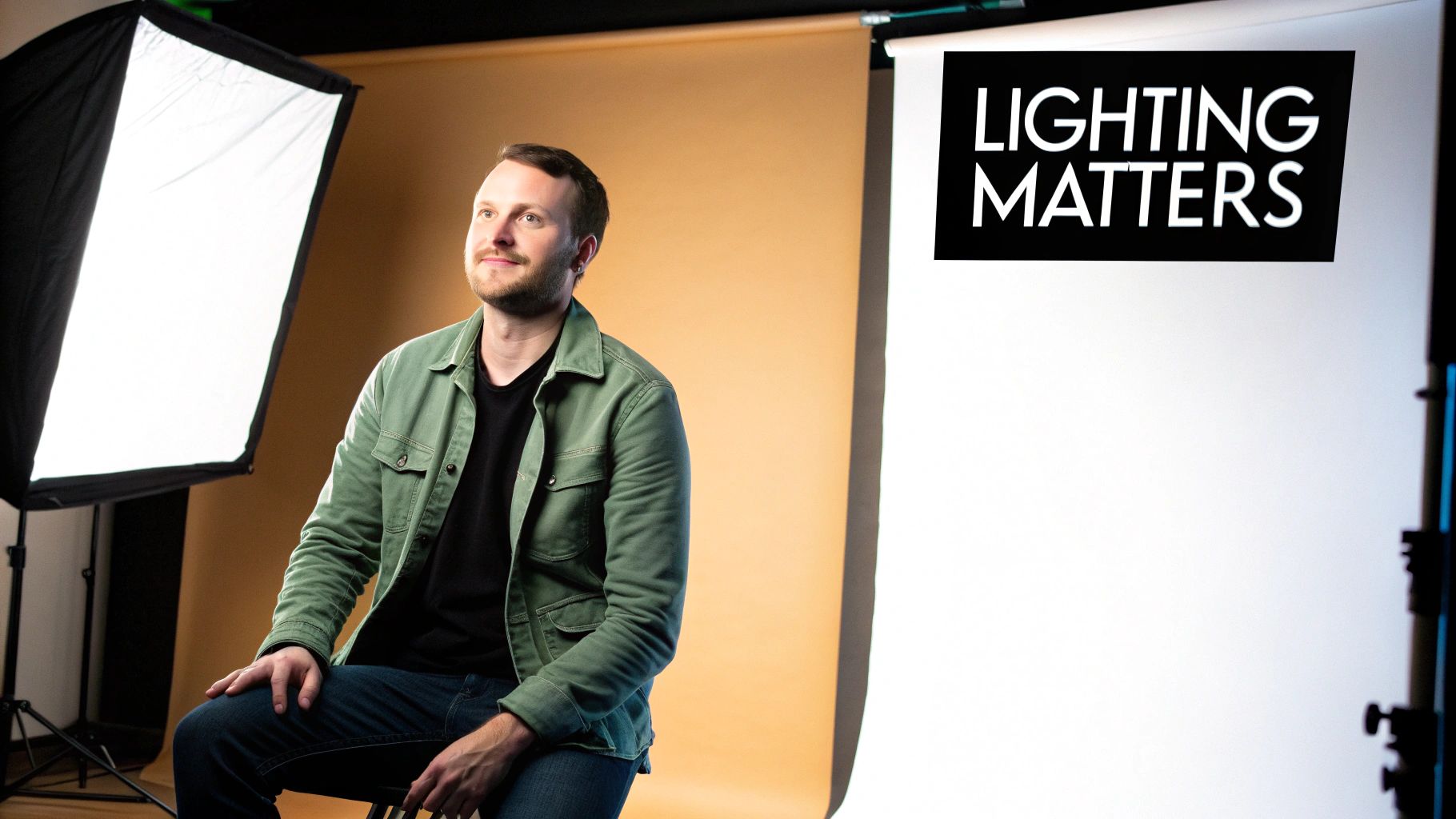 Portrait en studio d'un homme démontrant une installation d'éclairage avec une softbox et un panneau 'LIGHTING MATTERS'.