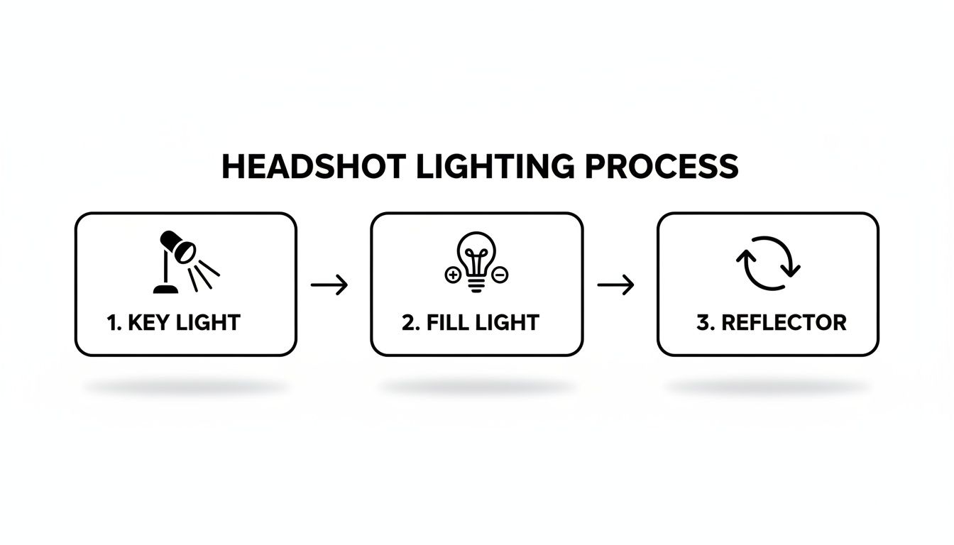 Diagramme illustrant le processus d’éclairage pour portrait professionnel, montrant les étapes pour la lumière principale, la lumière d’appoint, et le réflecteur.