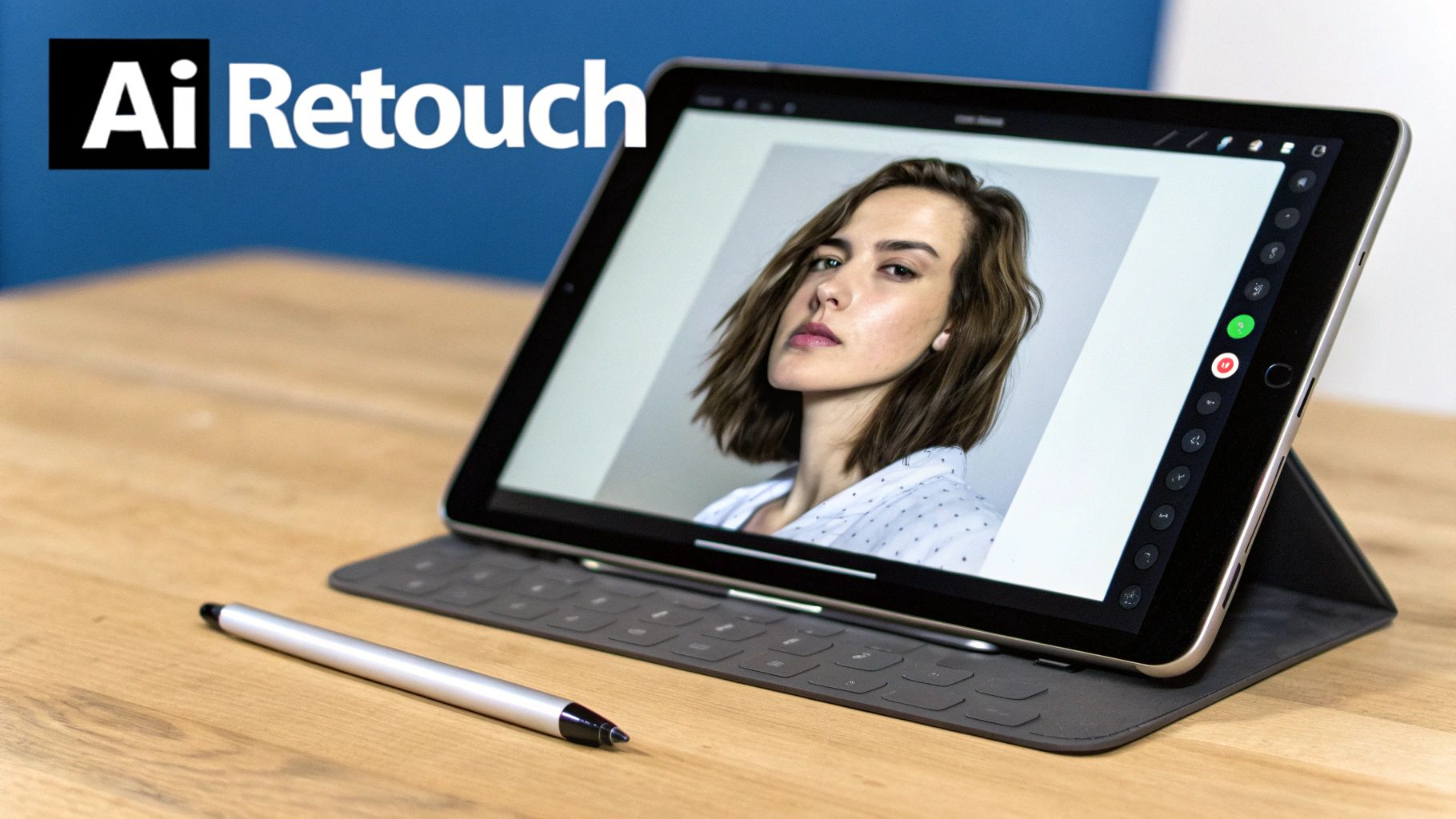 جهاز لوحي يعرض تطبيق تحرير الصور مع صورة شخصية لامرأة، بجانب قلم ذكي.