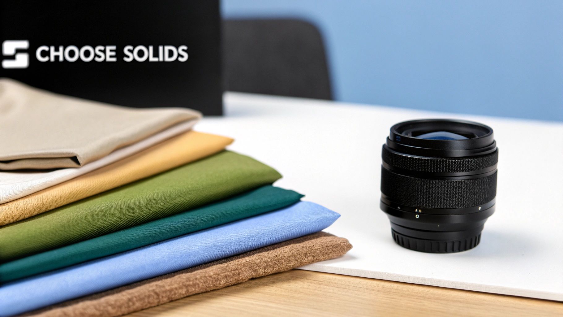 Neatly folded solid color fabrics and a camera lens on a white surface with Choose Solids branding.