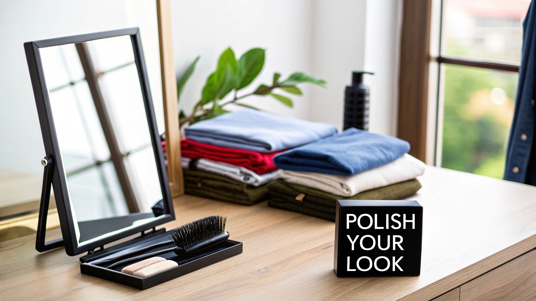 Grooming essentials and neatly folded clothes on a wooden dresser, with a mirror and sign.