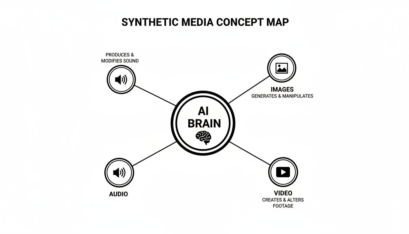 A concept map showing an AI brain generating and manipulating images, video, and audio for synthetic media.