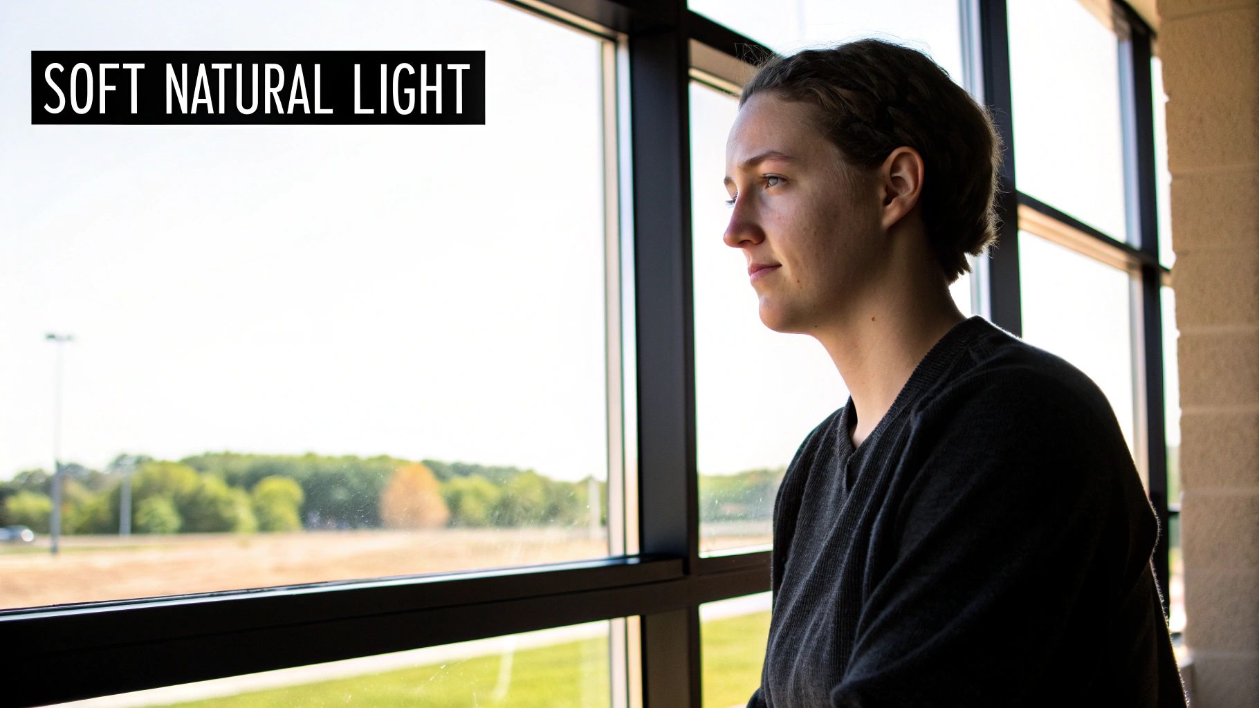 A young woman looks thoughtfully out a large window, illuminated by soft natural light.