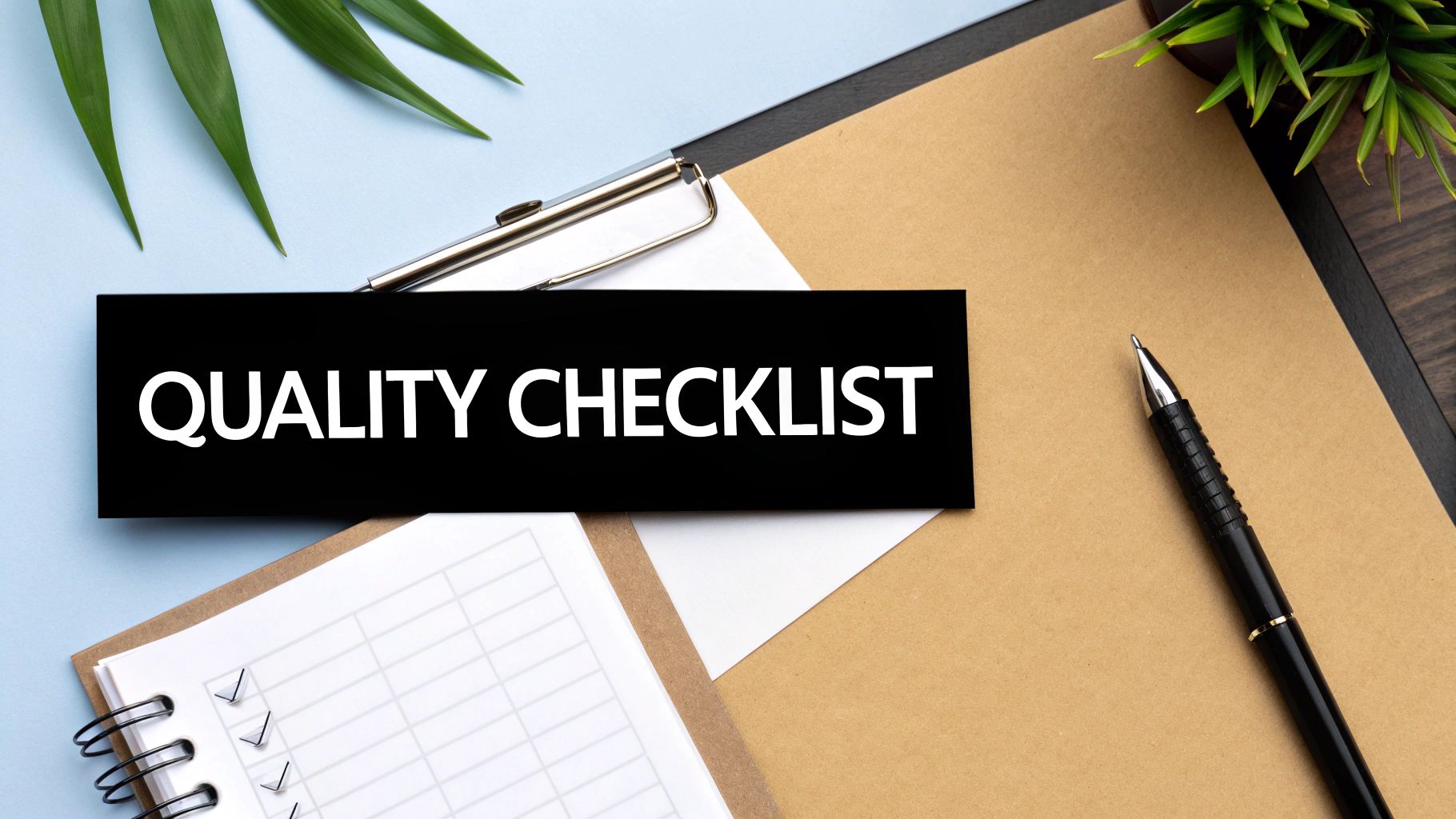 Un panneau 'Checklist qualité' sur fond noir, avec un clipboard, un stylo et une plante sur un bureau bleu clair et kraft.