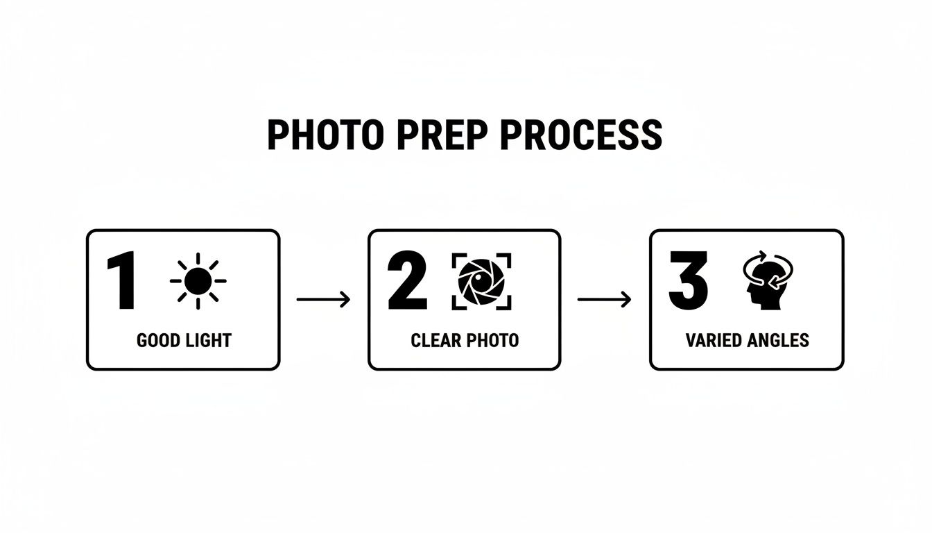 A diagram illustrating a three-step photo preparation process: good light, clear photo, and varied angles.