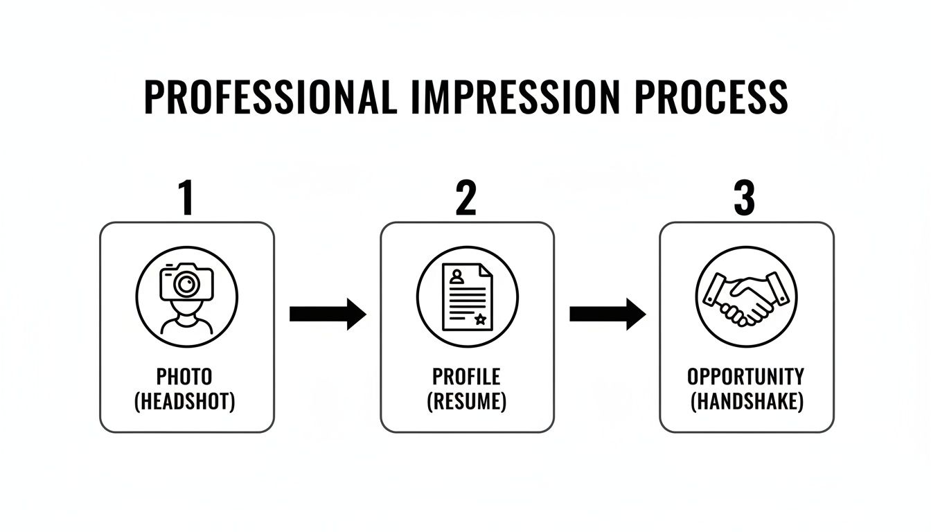 Flowchart illustrating the professional impression process from headshot to resume to handshake.