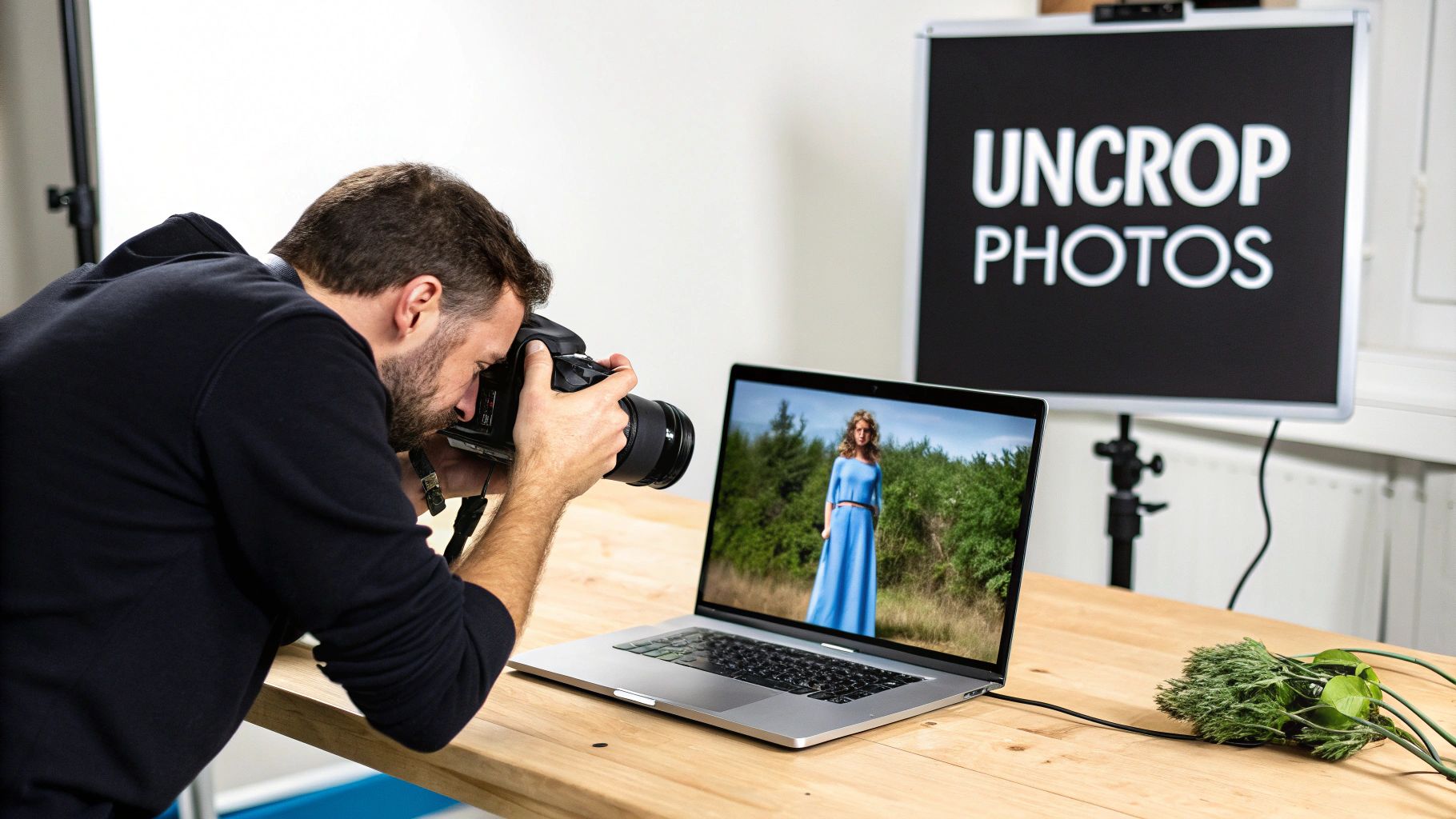 A photographer uses a DSLR camera while a laptop displays a photo of a woman, with an 'UNCROP PHOTOS' sign in the background.