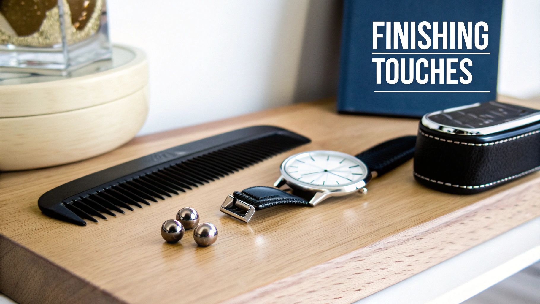 A black comb, a silver watch, and three metallic balls on a wooden tray, with a book in the background.