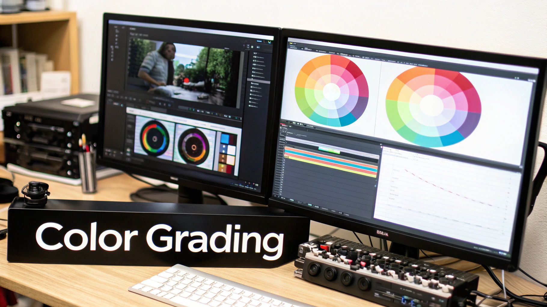 شاشتان تعرضان برنامج تصنيف الألوان للفيديو، تظهر دوائر اللون وخط الزمن، مع لافتة 'تصنيف الألوان' ووحدة مزج صوت على المكتب.