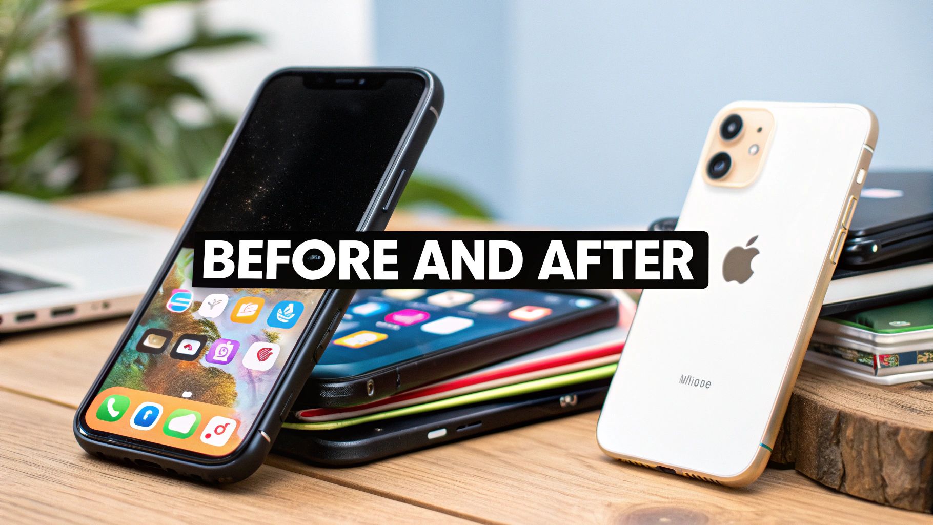 Comparison of older black iPhone with newer white iPhone on a wooden table.