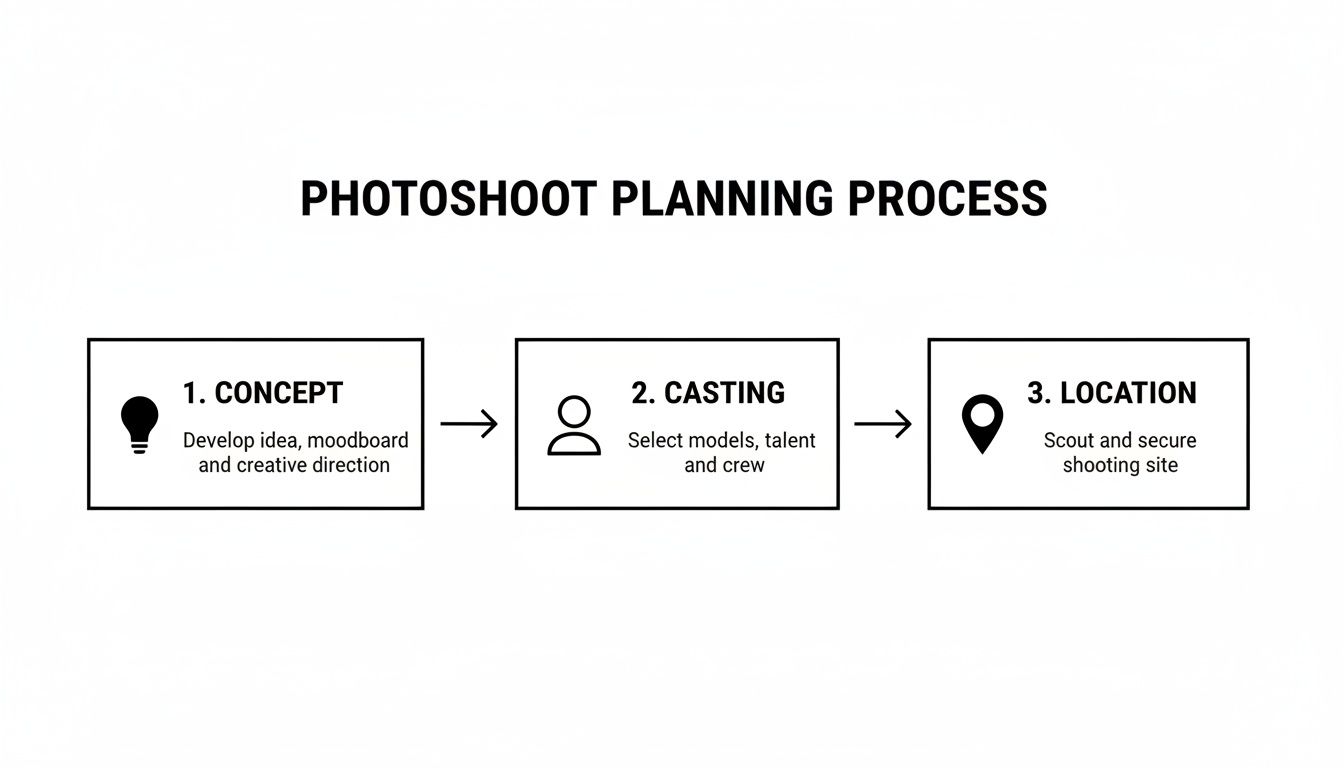 Un diagrama que ilustra los tres pasos del proceso de planificación de la sesión de fotos: concepto, casting y ubicación.