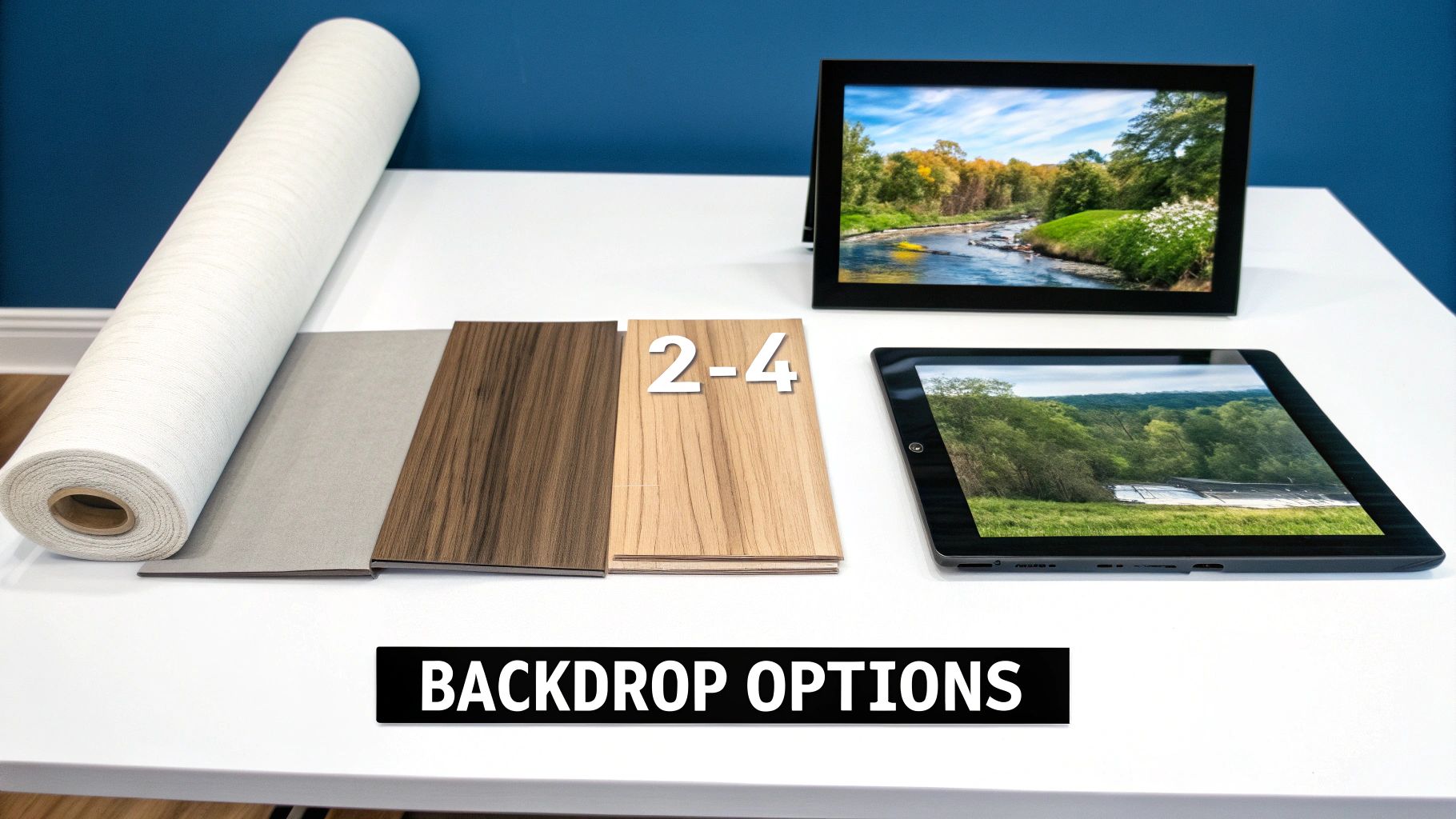 Various photo shooting background options including a white roll, wood-like boards, a digital frame, and a tablet.