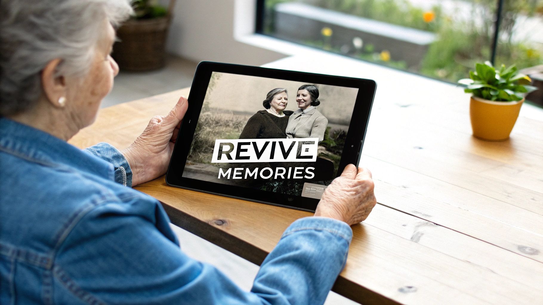 Eine ältere Frau hält ein Tablet, auf dem ein Vintage-Foto von zwei Frauen und der Text 'ERINNUNGEN WIEDERBELEBEN' zu sehen sind.