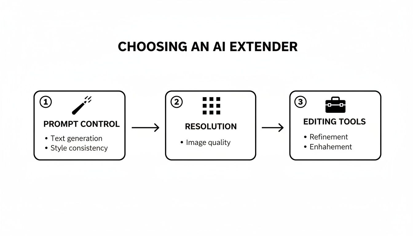 Flowchart illustrating three steps for choosing an AI extender: prompt control, resolution, and editing tools.