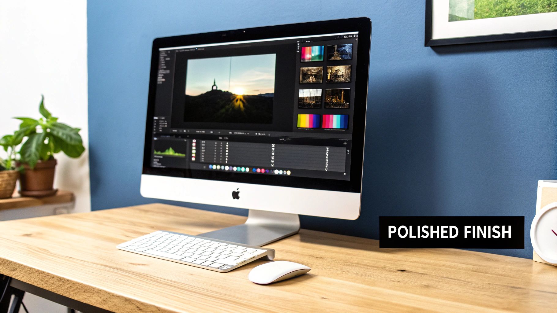 An iMac displaying video editing software on a wooden desk with a keyboard and mouse.