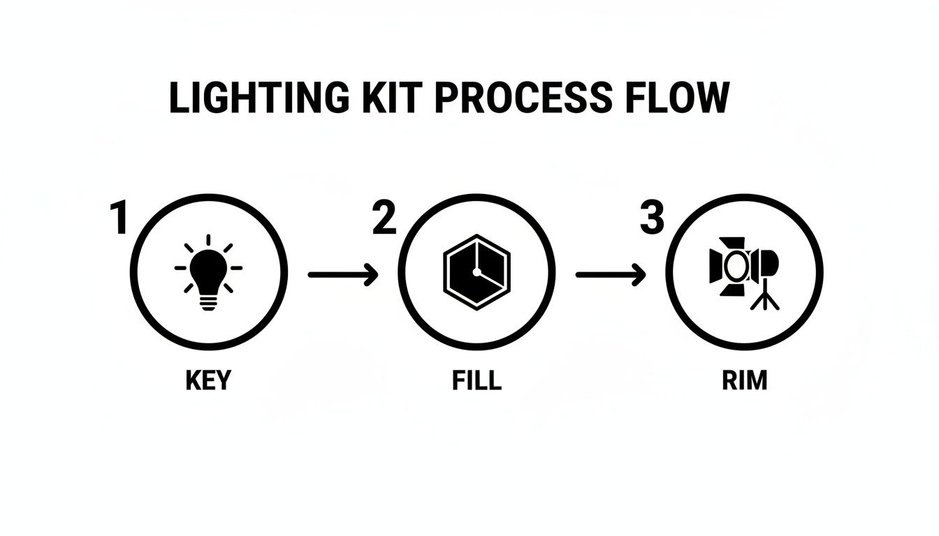 Diagramme illustrant un processus en trois étapes pour un kit d'éclairage : lumières principale, d'appoint et de contour.
