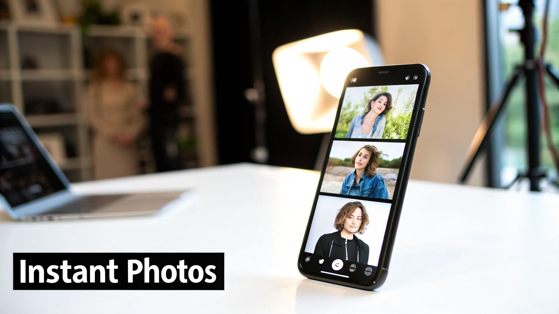 A smartphone displays multiple portrait photos on a table in a professional photography studio.