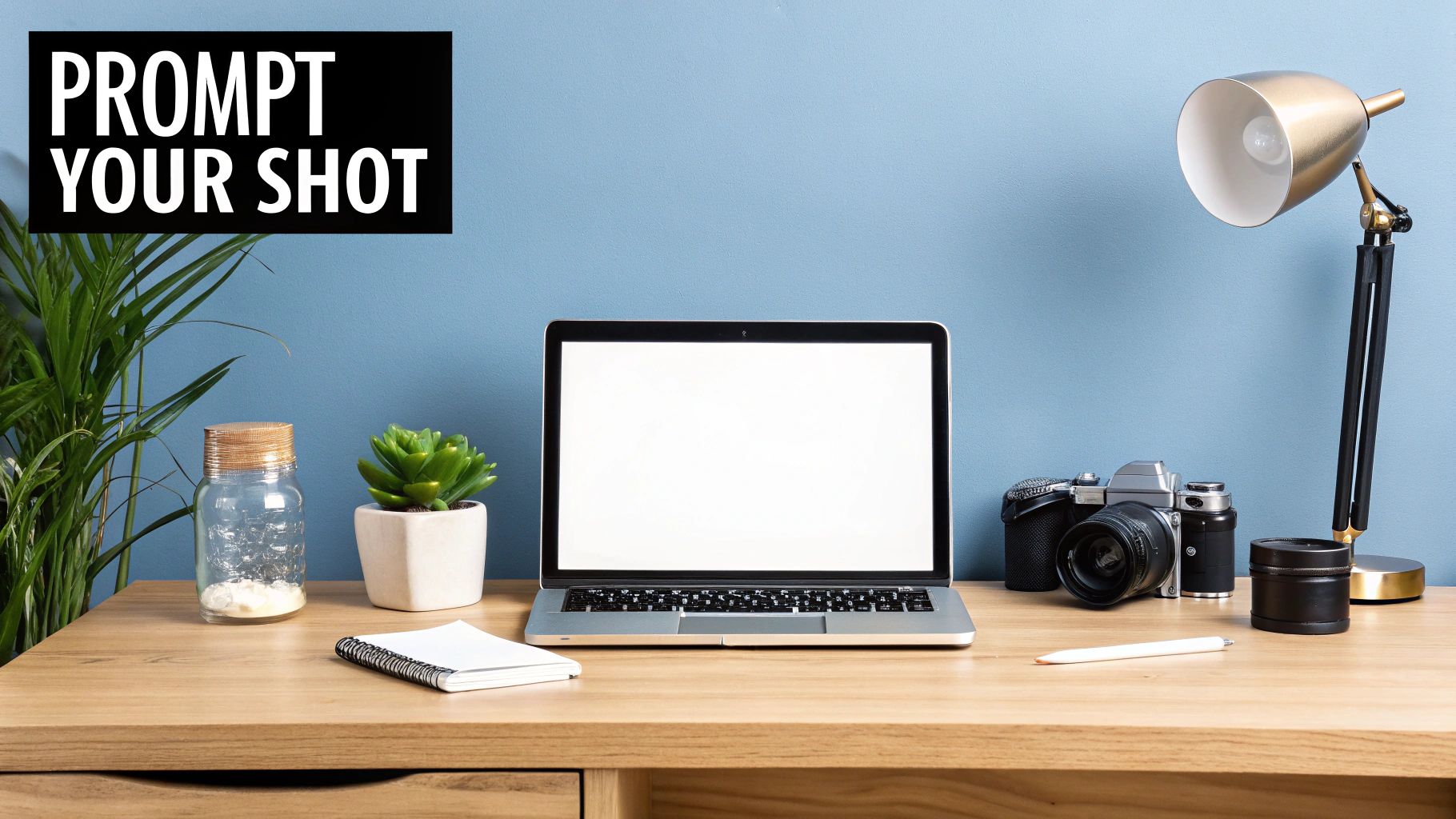 简洁现代木质桌面布局,配有笔记本、相机、植物及蓝色墙面背景灯光