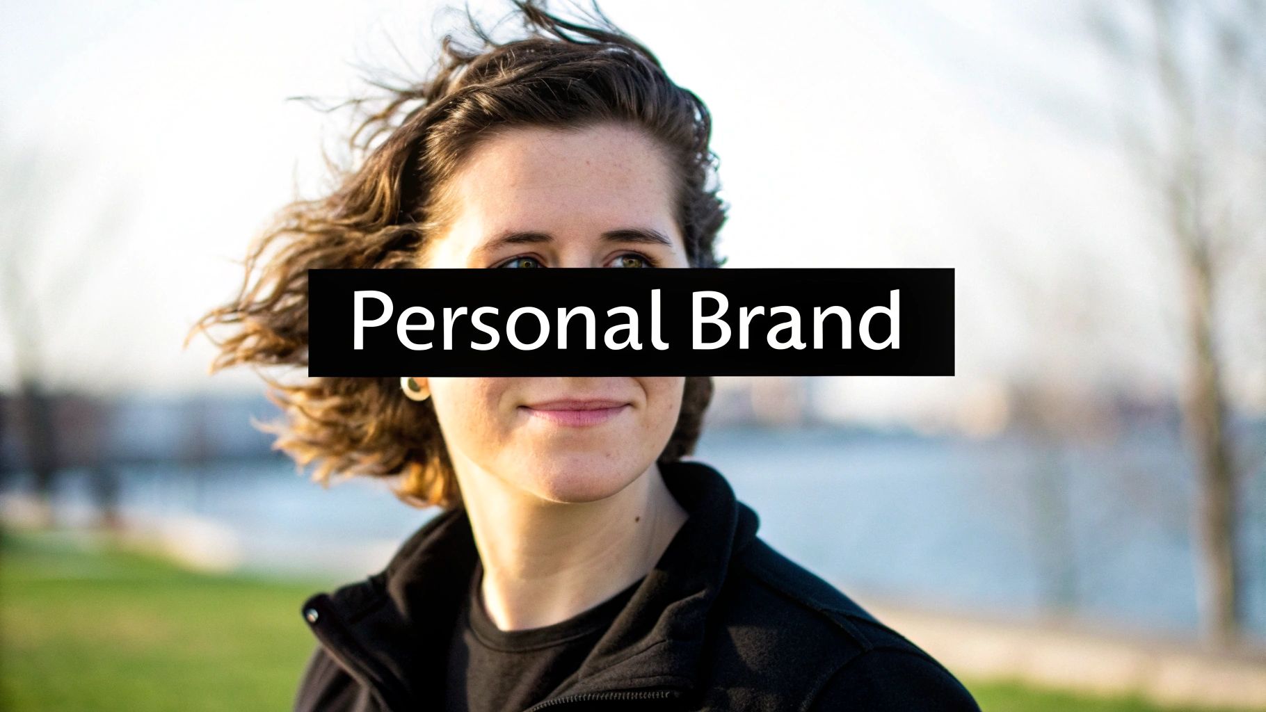 바람에 머리카락이 휘날리는 야외에서 웃고 있는 사람, 얼굴에 'Personal Brand'라는 문구가 쓰여 있음.