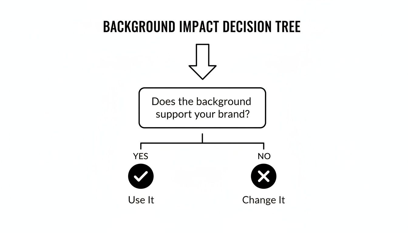 ブランドをサポートするかどうか背景を評価するための判断ツリー、「使用する」か「変更する」につながる決定