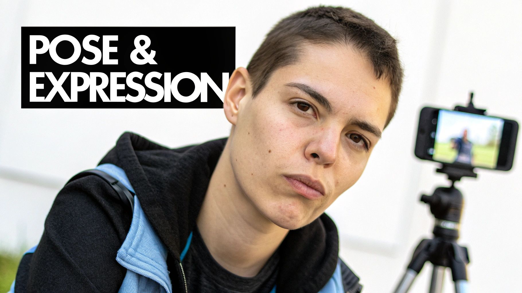 Eine Person mit kurzen Haaren schaut in die Kamera, während ein Smartphone auf einem Stativ filmt, daneben der Schriftzug 'POSE & EXPRESSION'.