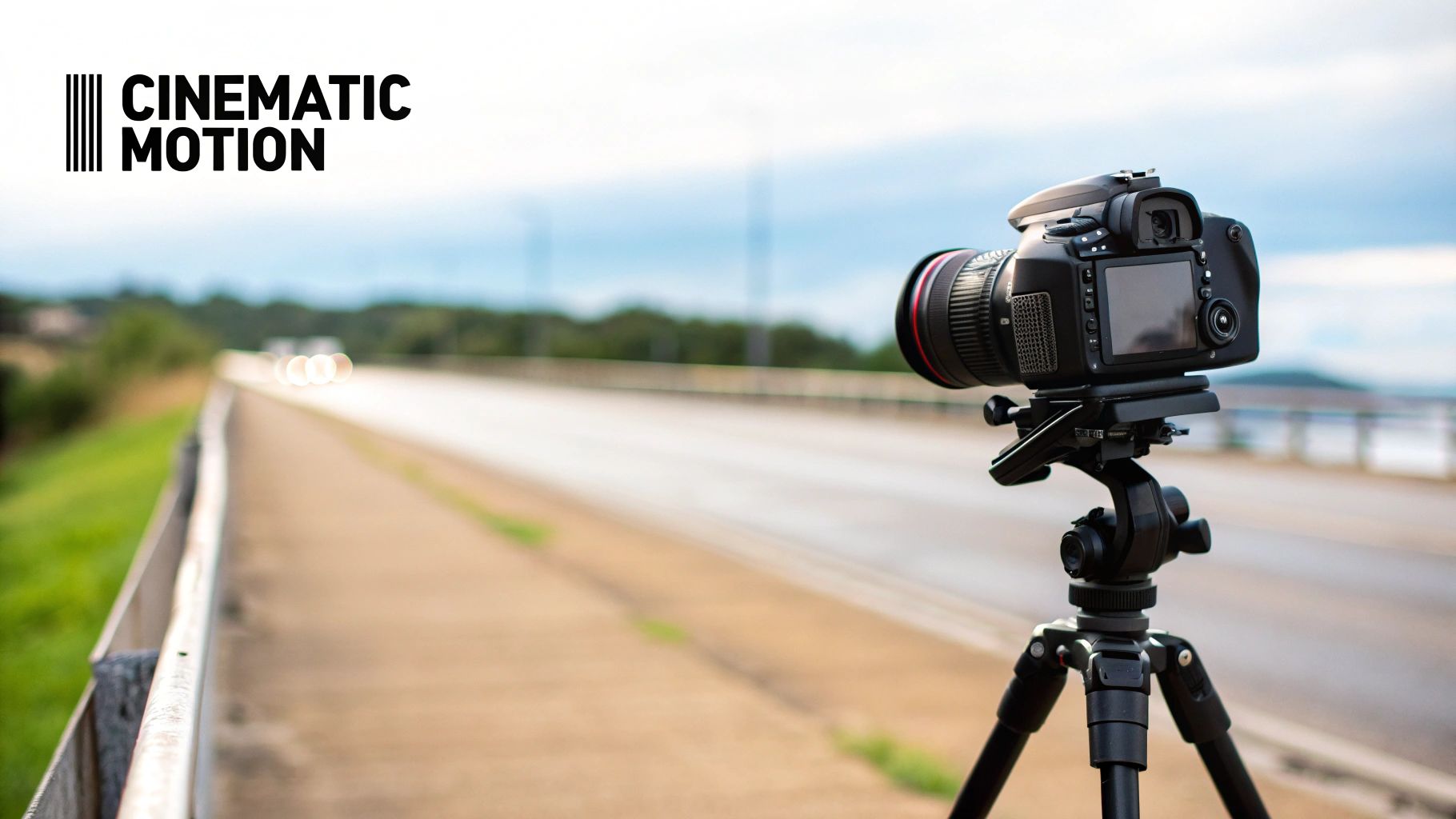 A black camera on a tripod pointed down a road with the 'CINEMATIC MOTION' logo.