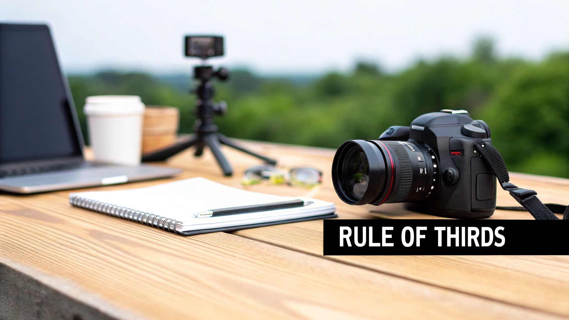 DSLR camera, laptop, and notebook on a wooden table outdoors, displaying 'Rule of Thirds' text.