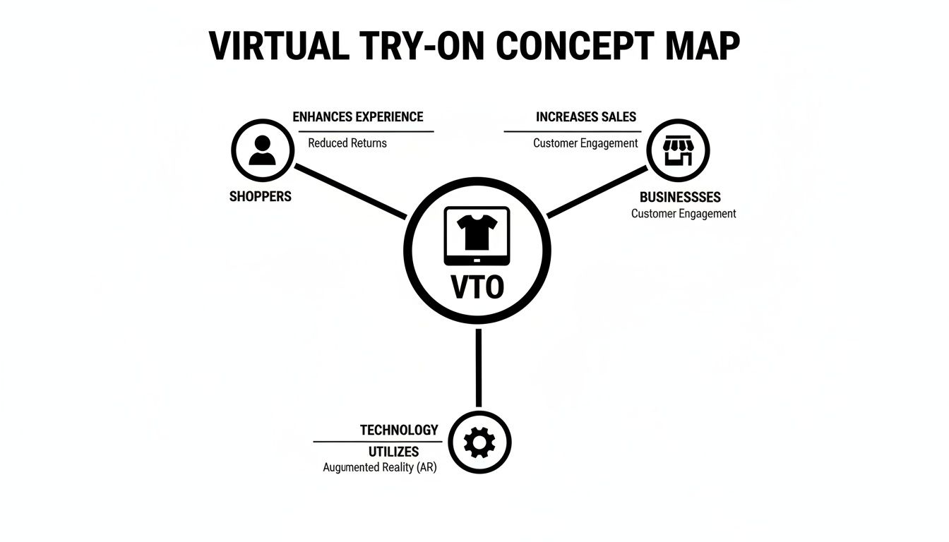 Virtual Try-On Konzeptkarte, die Vorteile für Käufer (weniger Rücksendungen), Unternehmen (höhere Umsätze) und AR-Technologie zeigt.