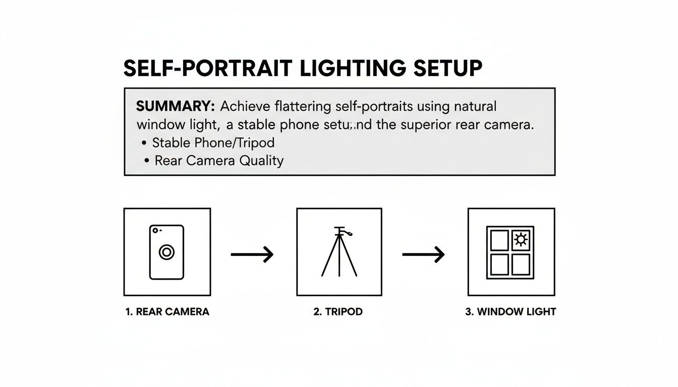 Infographic demonstrating a self-portrait lighting setup using a phone's rear camera, a tripod, and natural window light.