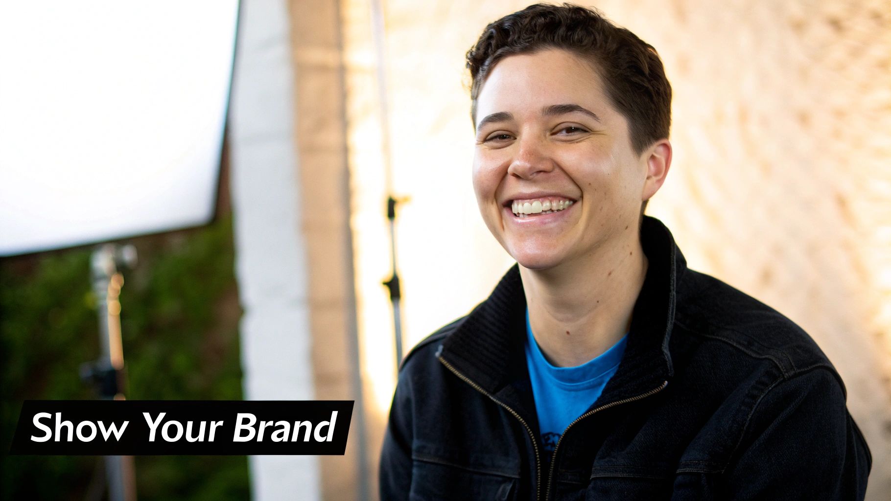 A smiling person with short, dark curly hair wearing a denim jacket, in a professional headshot.