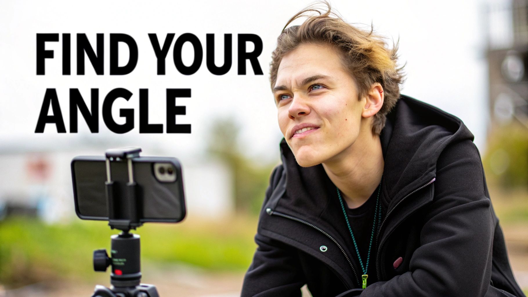 A young man smiles, looking up, as a smartphone on a tripod records him, with "FIND YOUR ANGLE" text.