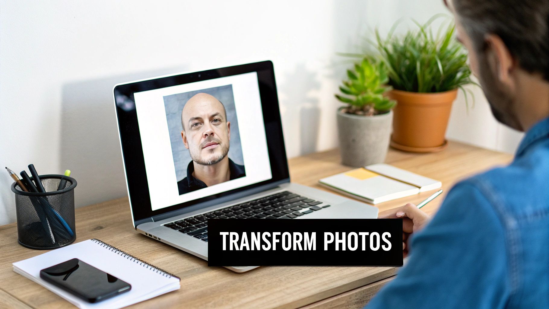 A person at a desk looking at a laptop displaying a portrait of a man, with “TRANSFORM PHOTOS” text.