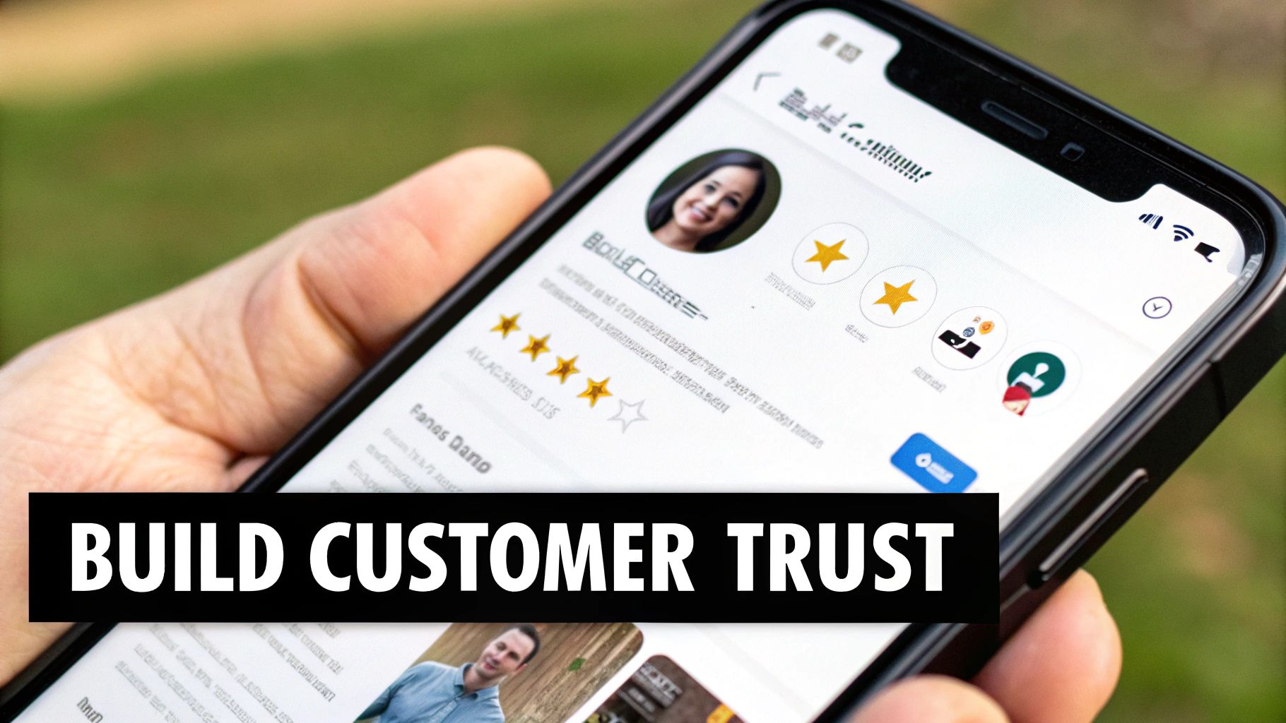 Une main tenant un smartphone affichant des avis clients et des notes étoilées, soulignant la confiance client.