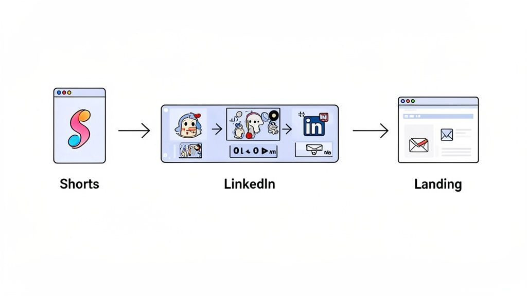 Flowchart illustrating the content distribution journey from Shorts videos to LinkedIn and a landing page.