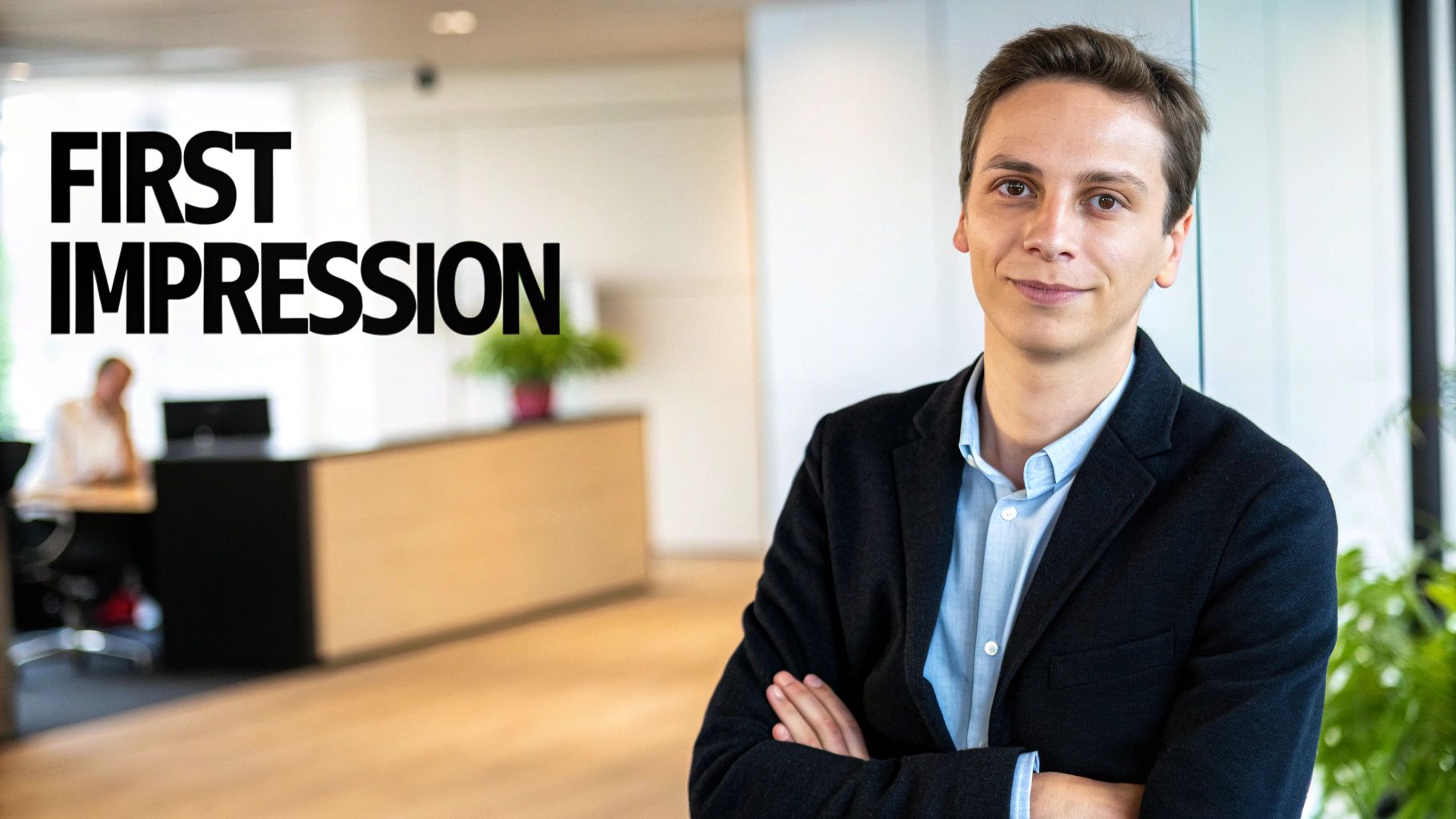 Uomo giovane sorridente in un ambiente d'ufficio professionale con testo 'FIRST IMPRESSION'.