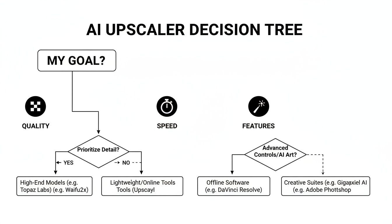 AI upscaler decision tree illustrating choices for quality, speed, and features.