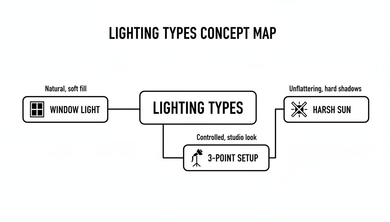 A concept map illustrating different lighting types: window light, harsh sun, and a 3-point setup.