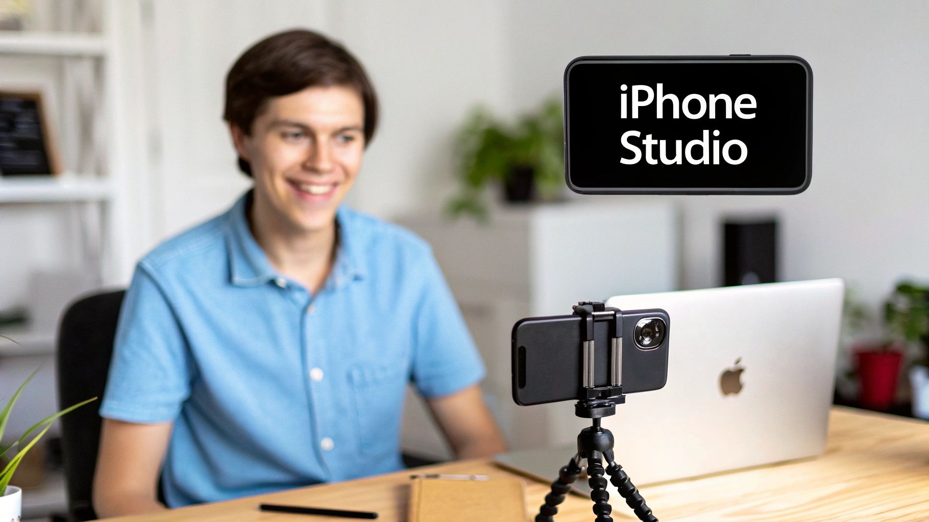 A smiling man sits in front of an iPhone on a tripod, with a laptop nearby and 'iPhone Studio' text displayed.