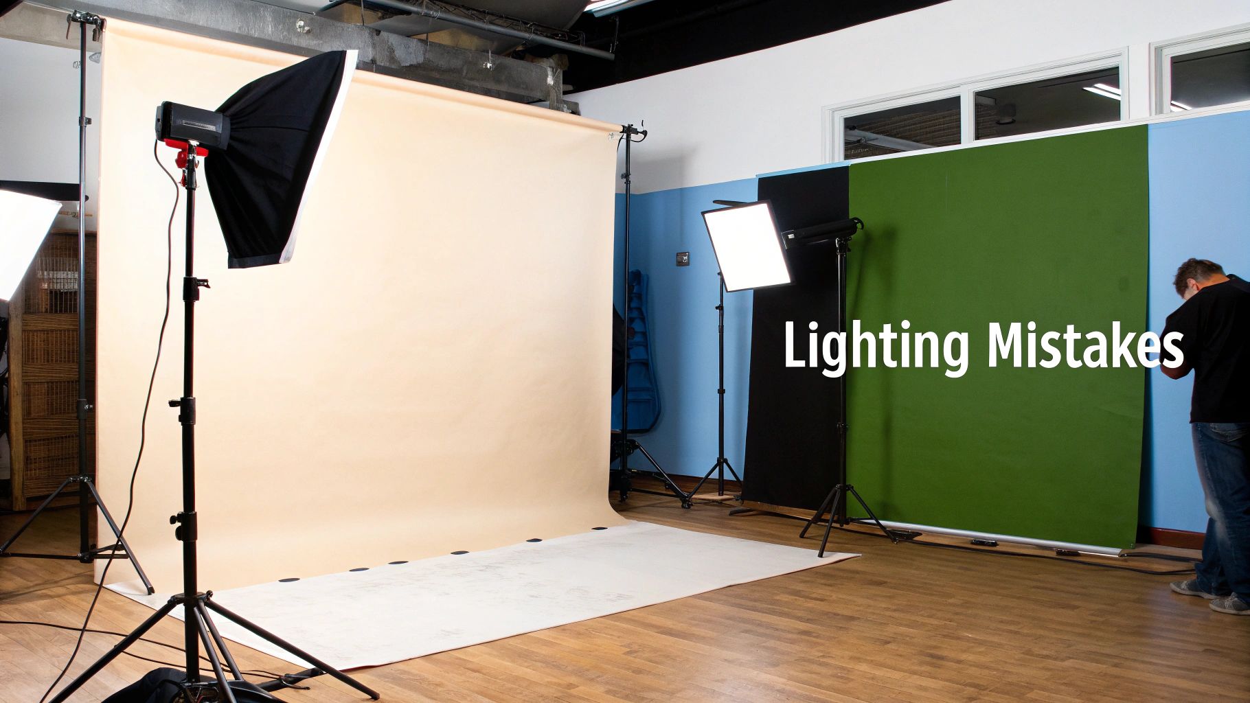 A professional photography studio with various light stands, softboxes, multiple backdrops, and a person working.