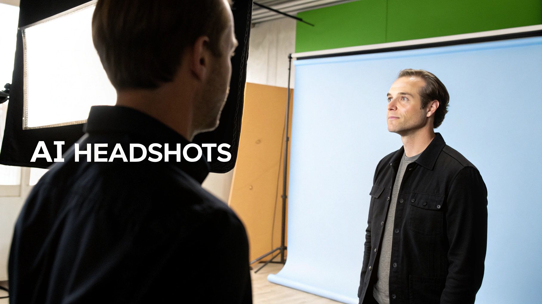 رجل يتخذ وضعية للصور الشخصية في استوديو مع مصور ونص 'AI HEADSHOTS'. You can also check out our <a href=