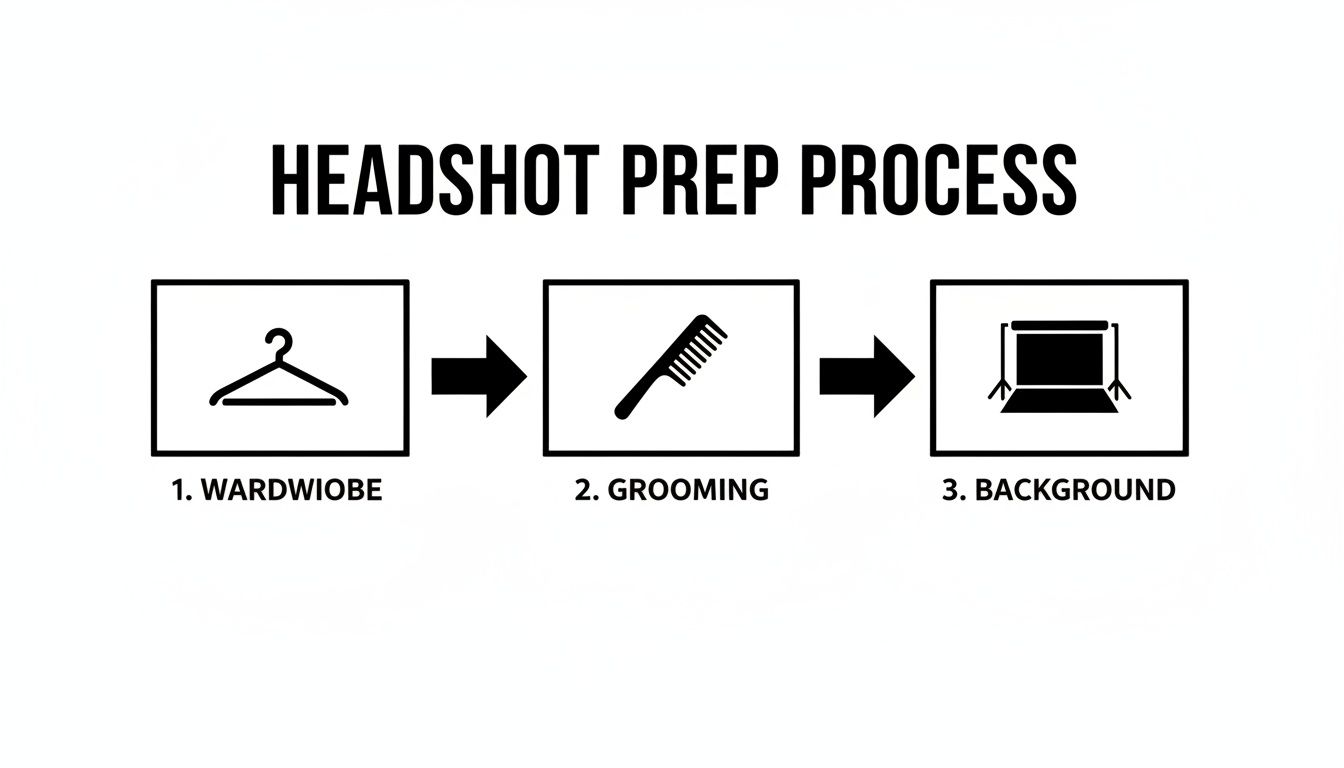 Flowchart illustrating the headshot preparation process: wardrobe, grooming, and background setup.