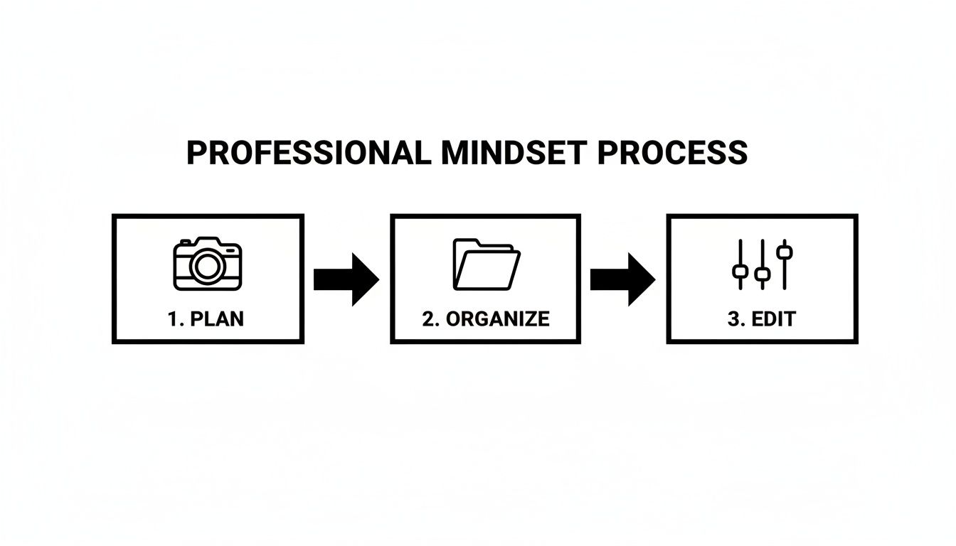 مخطط يوضح عملية العقلية المهنية للتصوير: التخطيط والتنظيم والتحرير.