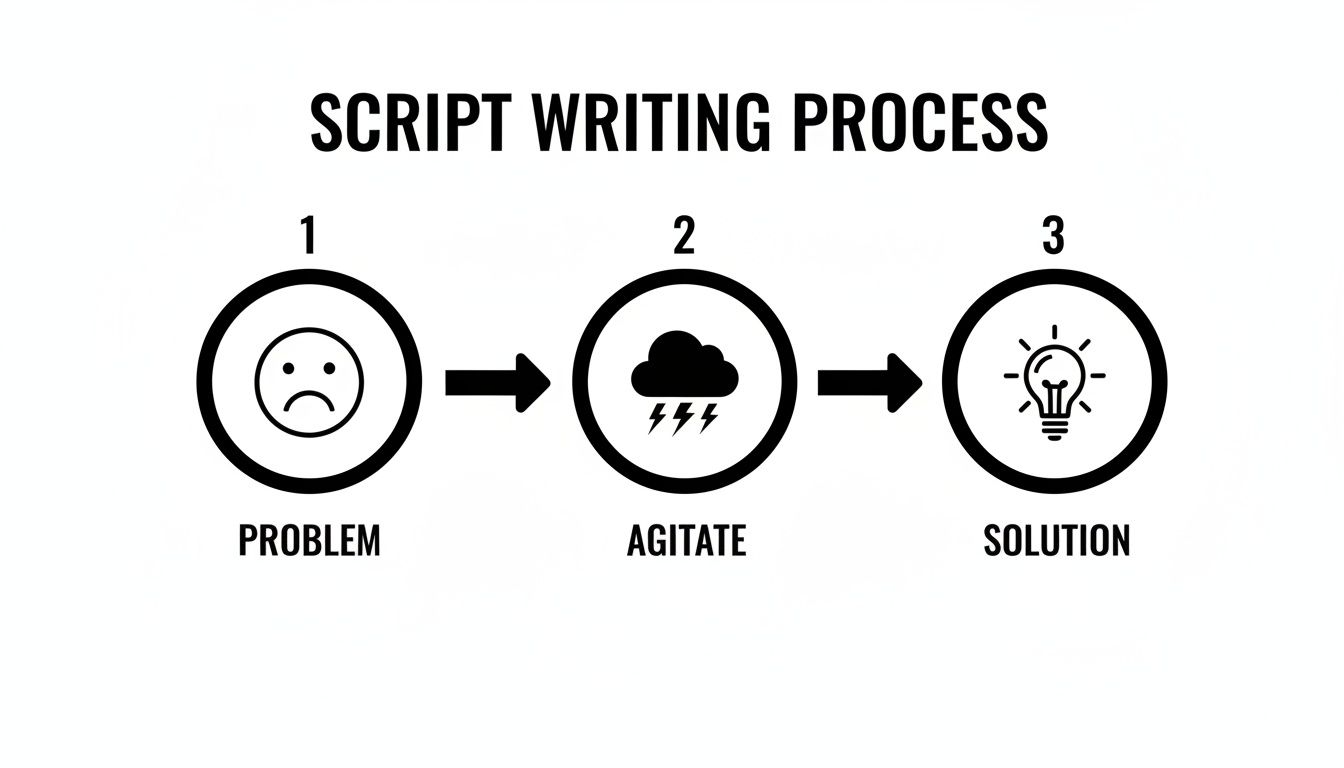 A three-step script writing process flowchart with icons for problem, agitate, and solution.
