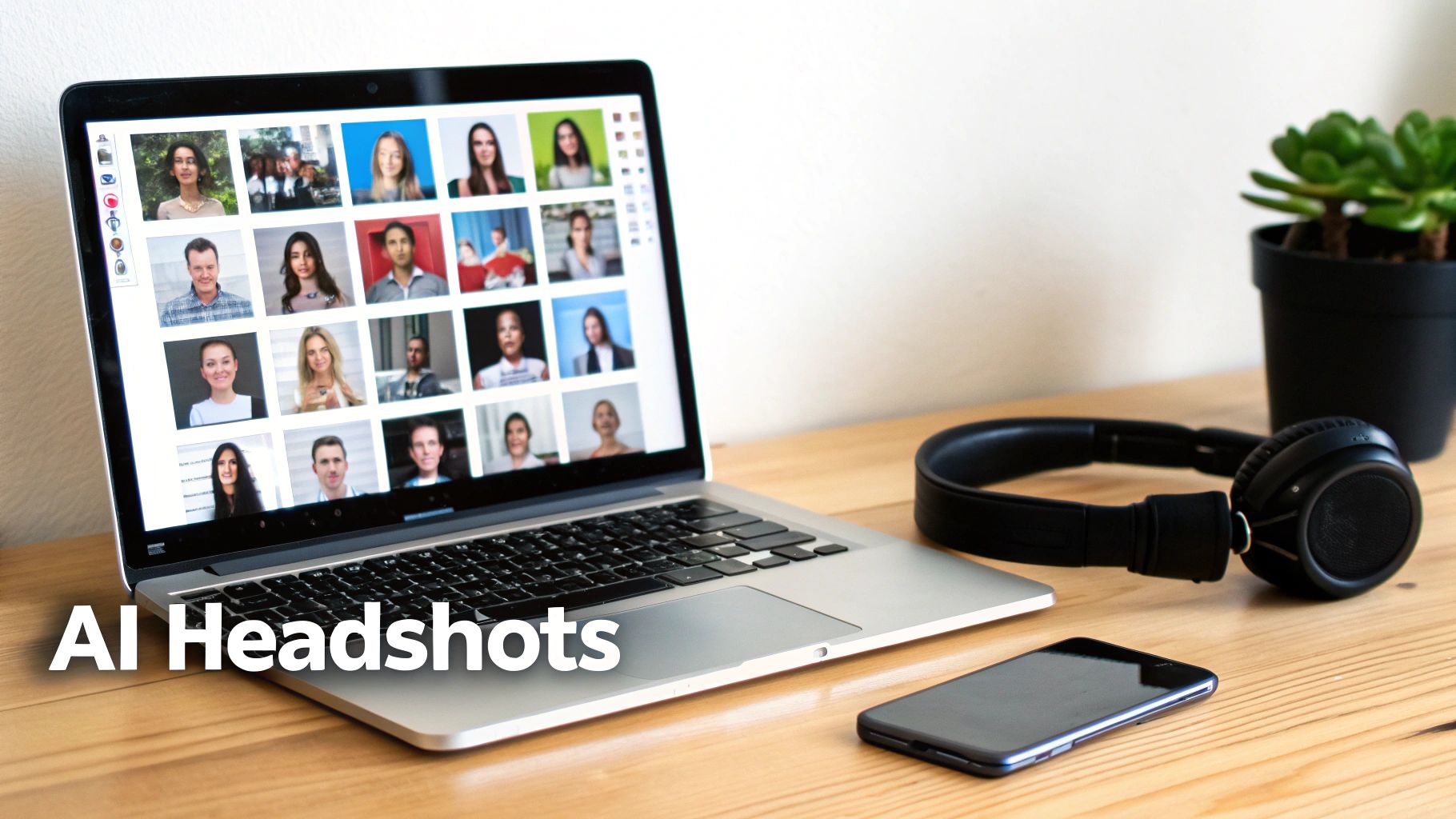 A laptop displays a video call with various AI-generated headshots, next to headphones and a smartphone on a wooden desk.